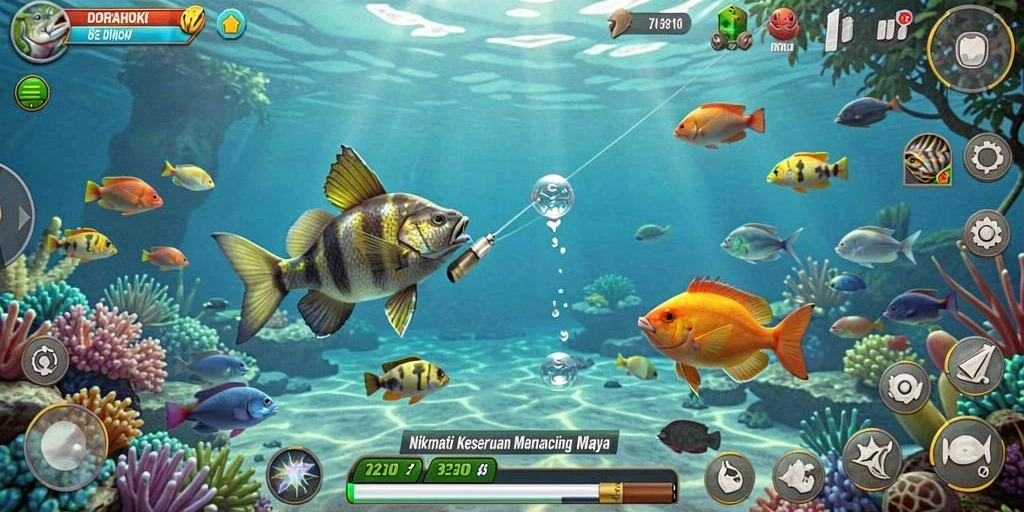 Screenshot DORAHOKI menunjukkan aktivitas memancing yang menyenangkan dan kompetitif.