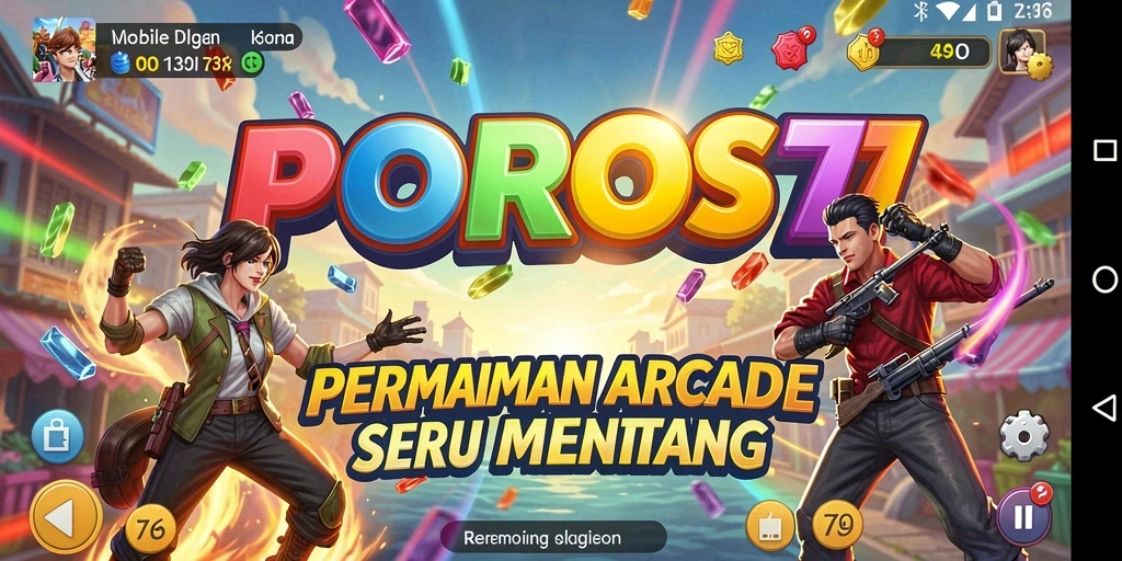 Screenshot POROS77 menampilkan karakter dinamis dalam aksi arcade yang seru.