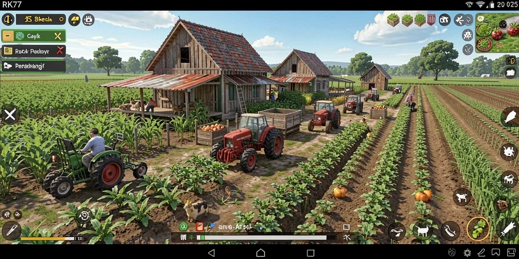 Screenshot menunjukkan gameplay seru dari pertanian di RK77.